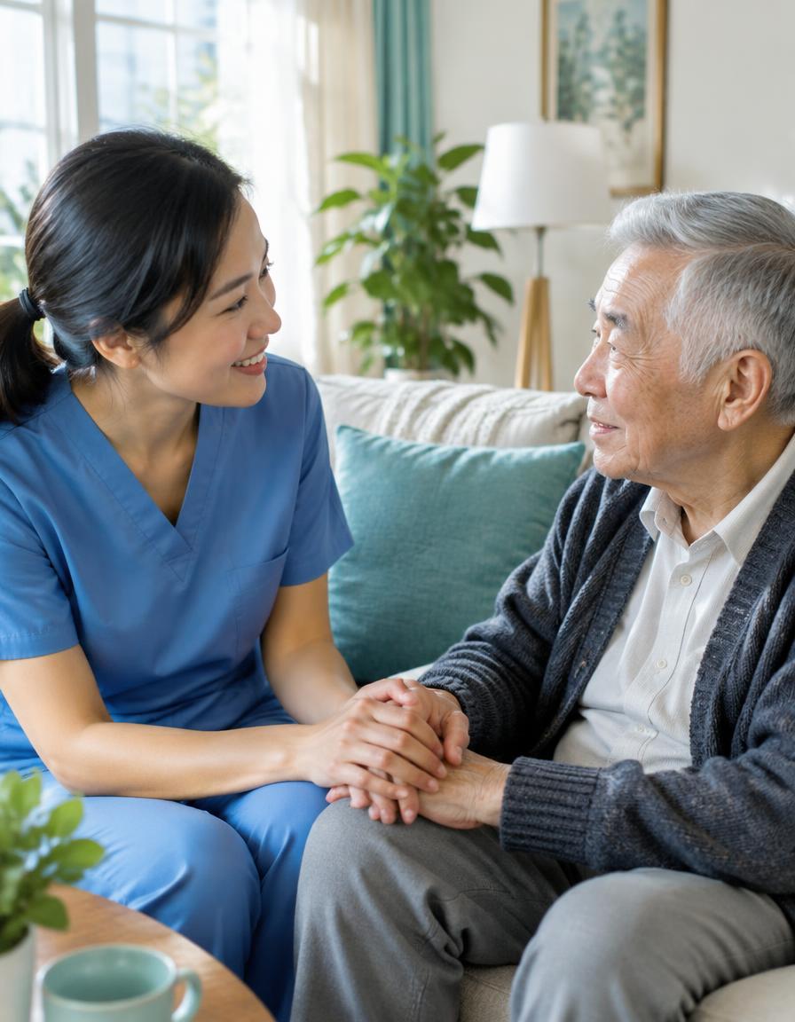 A caregiver holding hands with an older man at home