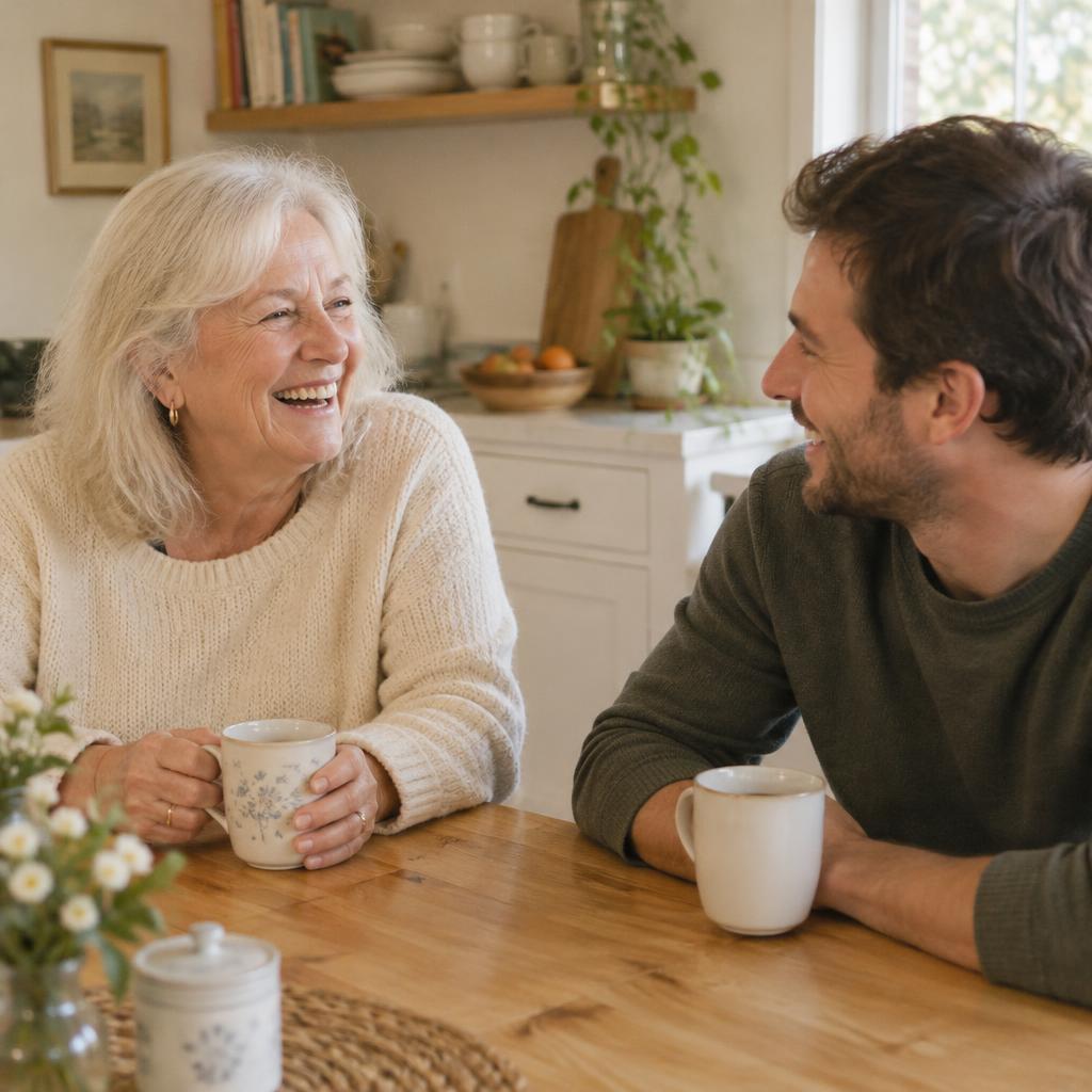 An older woman laughing with her adult son over coffee