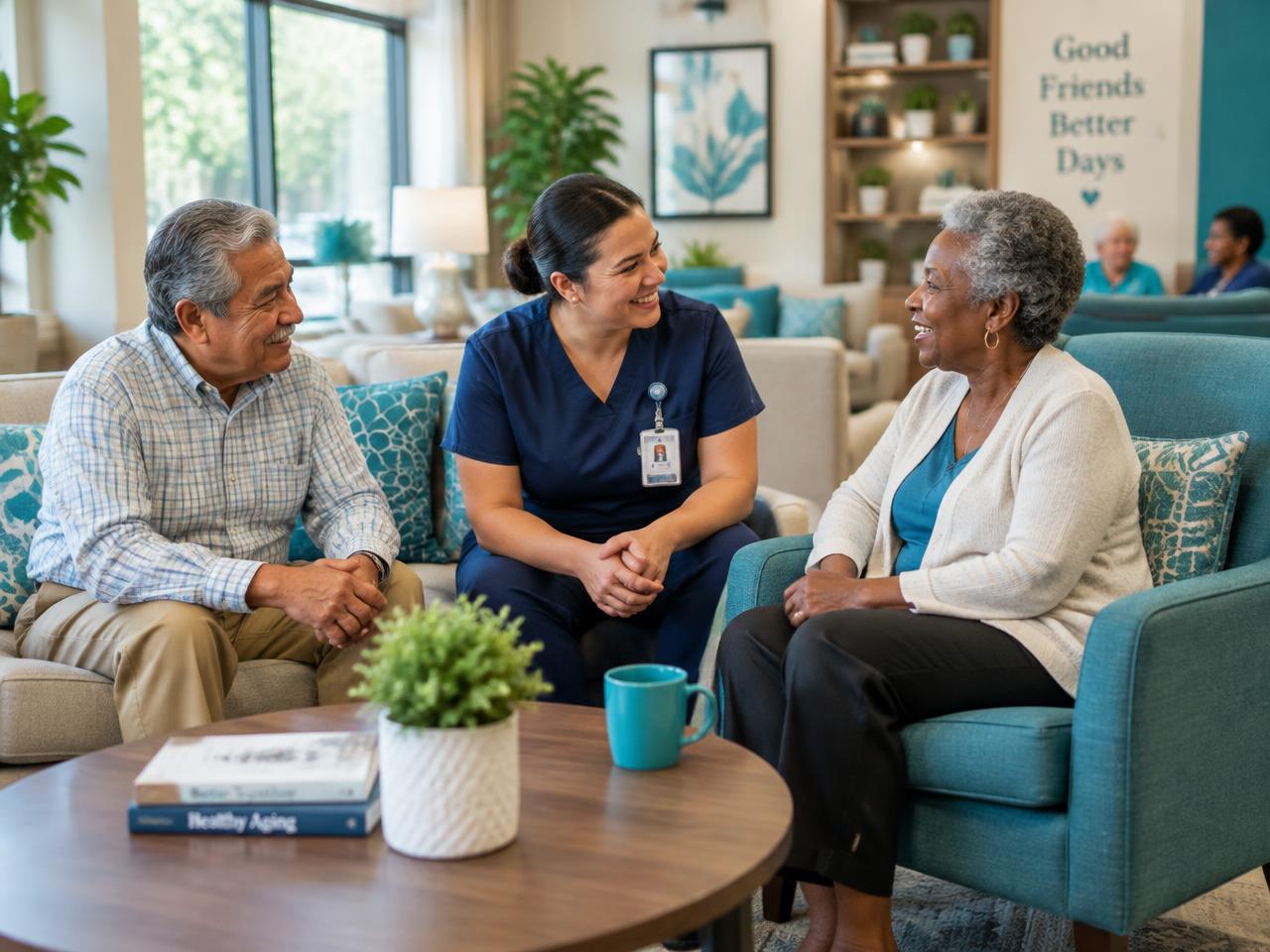 A caregiver chatting with two older adults in a bright community lounge